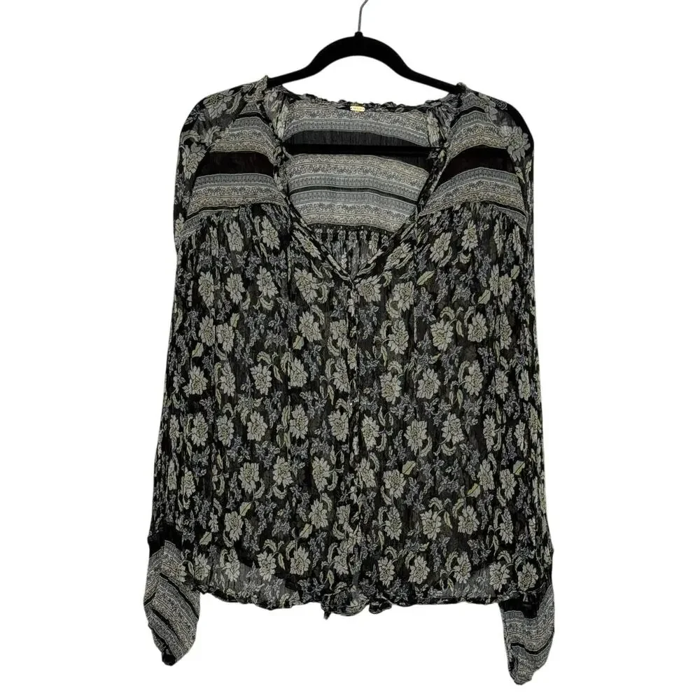 Free People Boho Floral Sheer Blouse Flowy Peasant Top Festival Cottagecore S